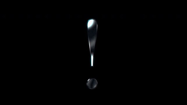 Silver metallic full-width symbol "Exclamation mark". Alpha channel. Serif font. Seamless loop video.