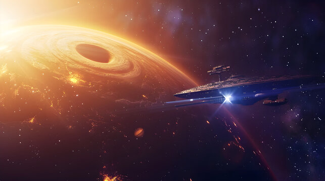 Interstellar Spaceship Flying Through Galaxy Near Black Hole and Planet