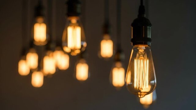 Vintage edison light bulbs glowing, hanging in the dark, interior electricity lighting equipment emitting warm yellow glow in a dim ambient atmosphere 4K Video