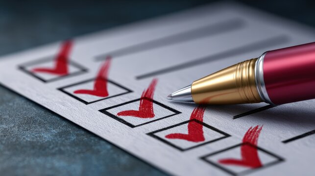 Red Check Marks on Paper Checklist with Silver Pen on Dark Background for Task Management and Productivity