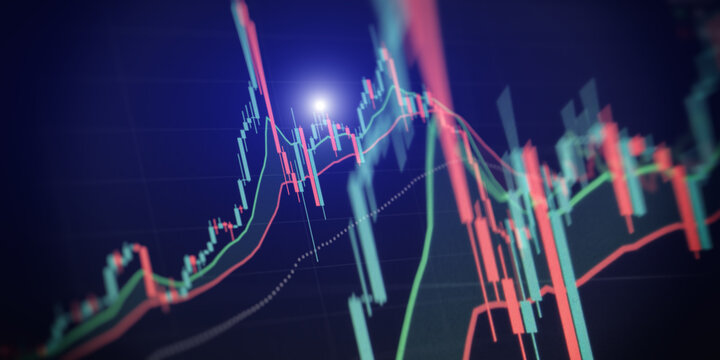 Dynamic financial stock market chart with glowing peak. Abstract digital candlestick graph and indicators on a dark blue background showing trading volatility.