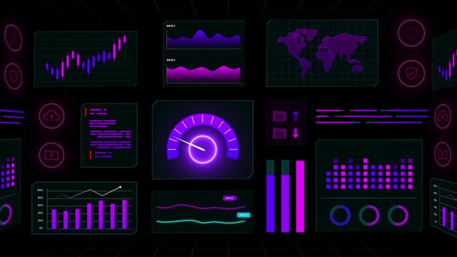 Modern corporate dashboard displaying key performance indicators through neon bar graphs and statistical data modules.