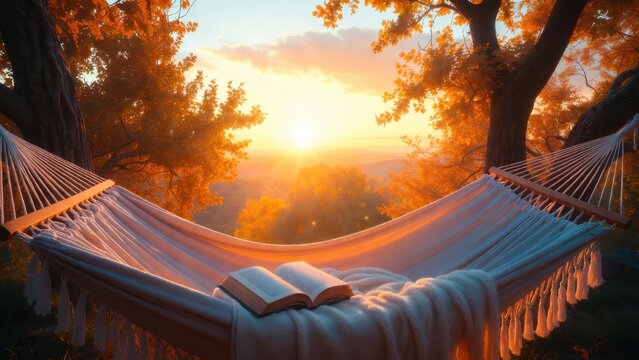 Open book positioned on hammock facing sunset over treetops