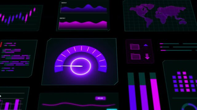 Dynamic perspective of a virtual data wall featuring glowing gauges and statistical information panels.