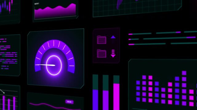 Composition of vertical digital information screens with a central glowing speedometer for performance monitoring.
