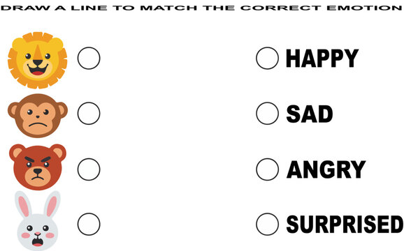 draw a line to match the correct emotion worksheet with animals lion monkey bear rabbit happy sad angry surprised educational activity for kids