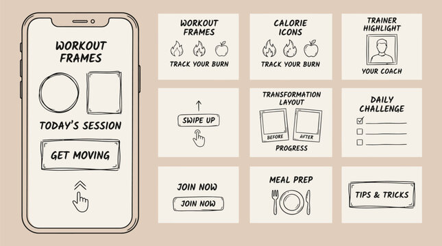 fitness app ui wireframe kit featuring workout tracker calorie counter meal prep daily challenge and transformation layout mobile interface template