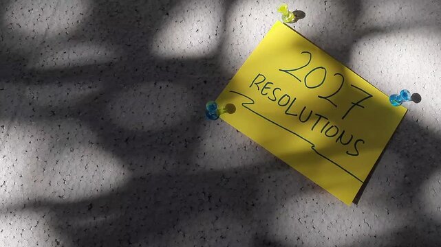 2027 Resolutions Handwritten On Yellow Sticky Note Pinned Under Swaying Sunlight Shadows