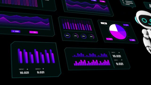 Wide shot of a digital workspace featuring a robot character surrounded by glowing data panels and analytics screens.
