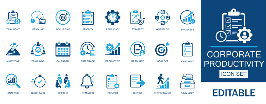 Corporate productivity and time management flat icon set. Includes task planning, efficiency tracking and project workflow. Solid vector assets for strategy, business management.