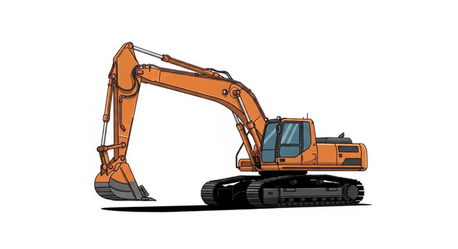 Orange excavator construction vehicle with tracks and boom arm.