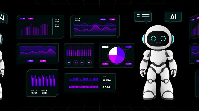 White robot character positioned in front of a comprehensive data interface showing maps, charts, and statistics.