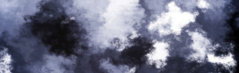 Fototapeta premium Abstract panoramic dark background with dramatic cloudy smoke texture and glowing white areas.