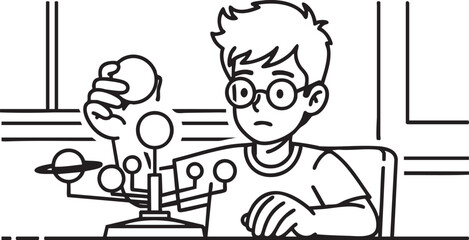 Line drawing of a boy with a joystick and space themed elements black and white © Creative  Stock