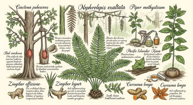 Illustrated Botanical Collection of Tropical Spices Ferns and Ginger Plants.