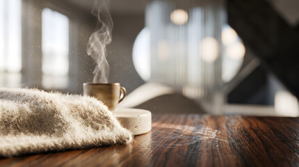 Fototapeta premium Warm Cozy Coffee Scene on Rustic Wood Table