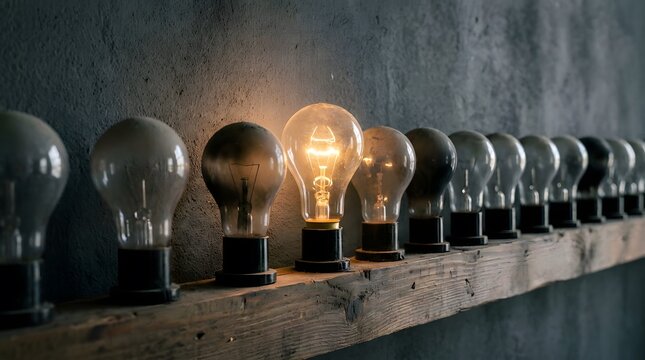 Single illuminated light bulb surrounded by dark unlit vintage lamps.