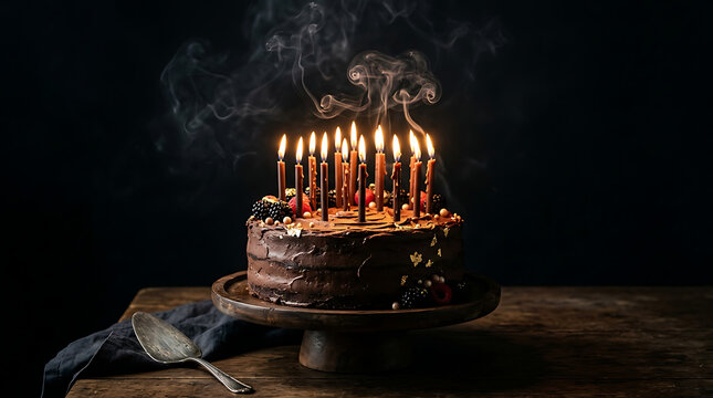 Dark birthday cake illuminated by lit candles, festive celebrati