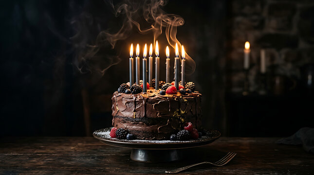 Dark layered cake with lit candles on a rustic wooden table