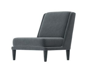 Fototapeta premium Modern gray upholstered accent chair with tapered legs on a white background