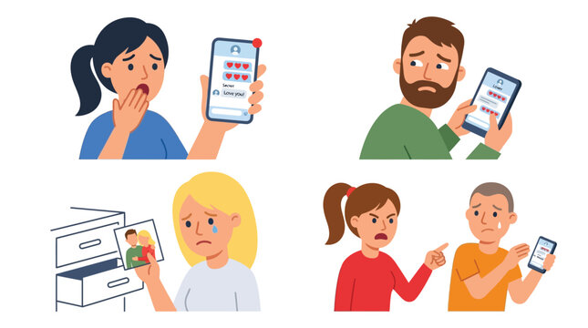 Four vignettes illustrating various emotional struggles and relationship problems, including phone-related distress, heartbreak, and conflict.