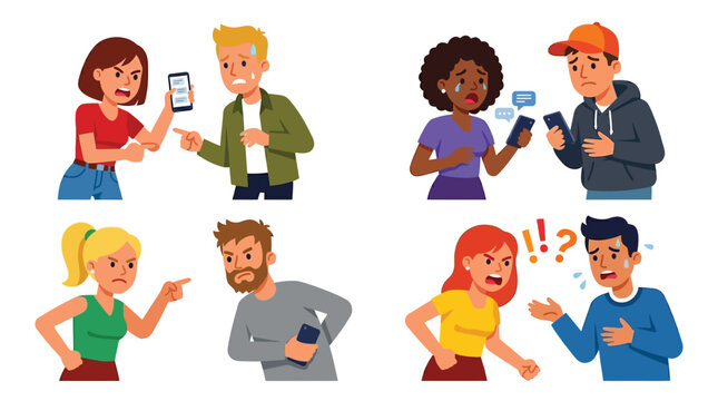 Four pairs of people engaged in various forms of arguments and conflicts, showing anger, frustration, and communication problems, often involving mobile phones.
