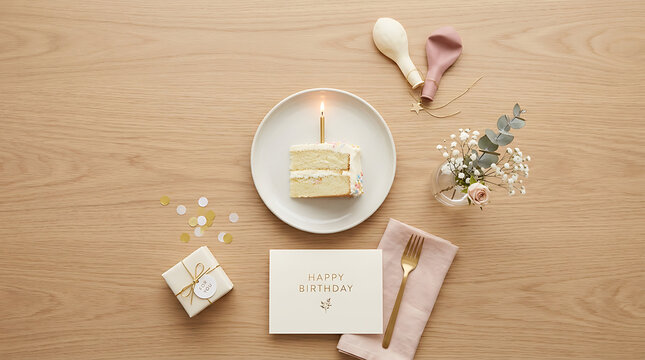 Birthday celebration setup with cake and gift on a wooden table