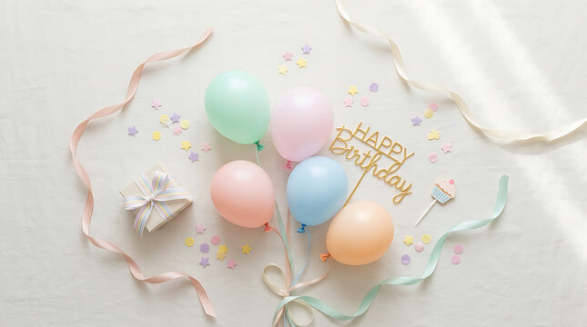 Colorful birthday balloons arranged on a white surface with ribb