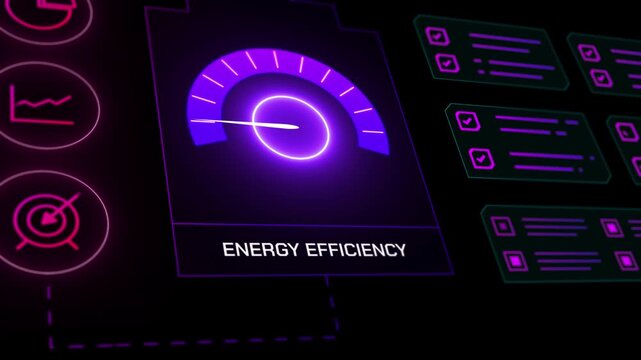 High tech visualization of an energy efficiency gauge with secondary technical information and icons.