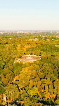 Vertical video. Rome, Italy. Giuseppe Garibaldi Monument. Janiculum, one of the hills of Rome. Summer. Morning hours. Drone footage, Point of interest. Rich colors