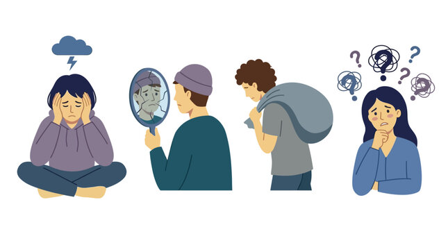 Four illustrations representing different aspects of mental health struggles: sadness, distorted self-image, carrying burdens, and confusion.
