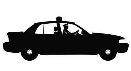 Black silhouette of a classic police car with a driver in uniform side view isolated on a white background silhouette high quality professional © Mansura