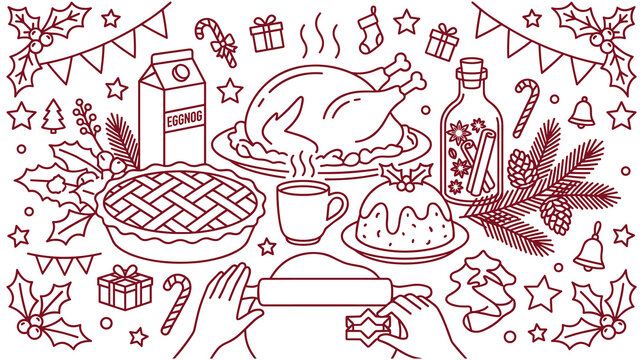 Christmas dinner table with turkey eggnog pie and pudding linear drawing.