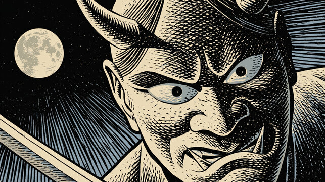 Black-and-White Crosshatch Oni Demon Face in Classic Graphic Novel Style