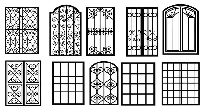Collection of ornate wrought iron window gate silhouettes with decorative swirls and geometric patterns black silhouette high quality professional detailed modern elegant stylish
