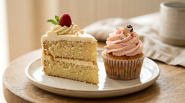 Layered cake slice and cupcake with pink frosting on a rustic wo