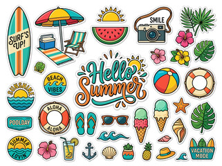 Summer Vacation Sticker Set with Tropical Beach Elements, Ice Cream, Surfboard, and Sun Illustrations © Tri