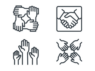 Fototapeta premium Set of Minimalist Teamwork and Collaboration Line Icons Representing Partnership, Unity, Community Support, and Professional Agreement