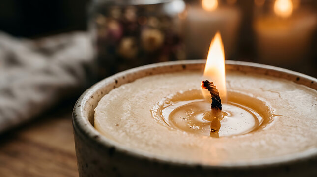 Close-up view of a burning candle with a warm, soft glow on a ru