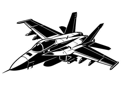 Military Fighter Jet Vector Graphic - Black and White Modern Supersonic Aircraft Illustration