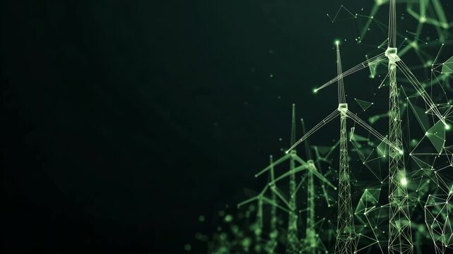 3D glowing green wireframe wind turbines and digital network nodes on a dark background with copy space. Abstract render representing smart grids, renewable energy, sustainability, and futuristic tech