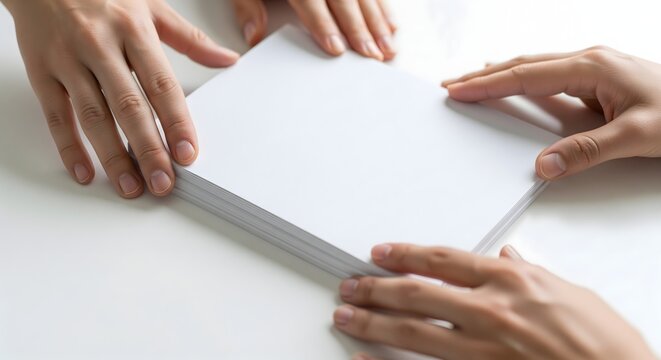 Multiple hands are shown interacting with a pristine stack of blank white paper, symbolizing collaboration, distribution, or the exchange of important documents.