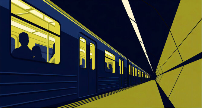 Blue subway train stopped at a yellow station platform. Silhouetted passengers are visible through glowing windows. Urban transit and city commuting concept.