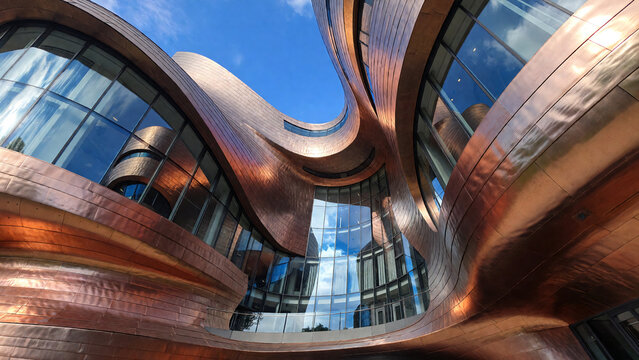 Cinematic low-angle tracking shot of a futuristic building with flowing, organic copper-colored facades and large glass windows.