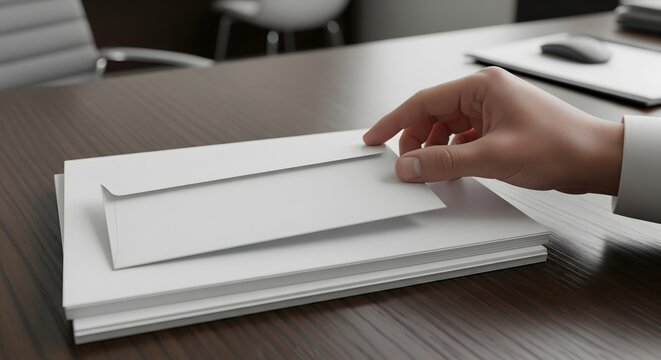 A person's hand carefully places a crisp, white envelope onto a neat stack of blank papers on a professional wooden desk.