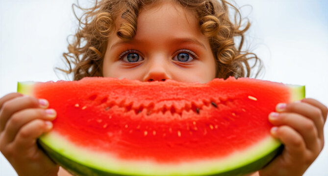Little girl with curly hair holding a large slice of watermelon in front of her face. The bright red fruit slice features bite marks creating a playful smile. Summer snack and nutrition concept.