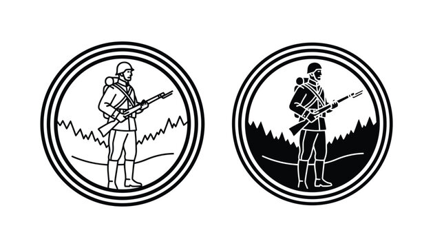 Vintage soldier holding rifle in circular emblem frame representing military service and historical defense in bold black and white vector illustration for patriotic graphic design projects
