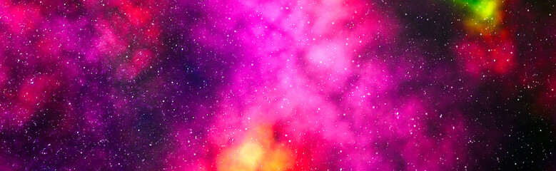 Panoramic neon space background. Vibrant pink and magenta glowing nebula clouds texture. © Maximusdn
