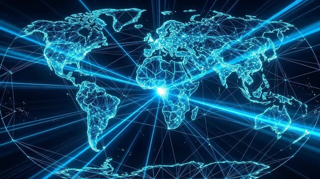 Global network map with connections emphasizing advanced technology and cybersecurity