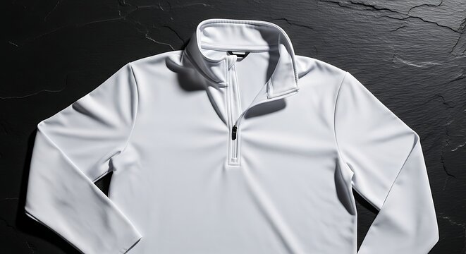 White Quarter-Zip Long Sleeve Performance Pullover Shirt Flat Lay on Dark Textured Background